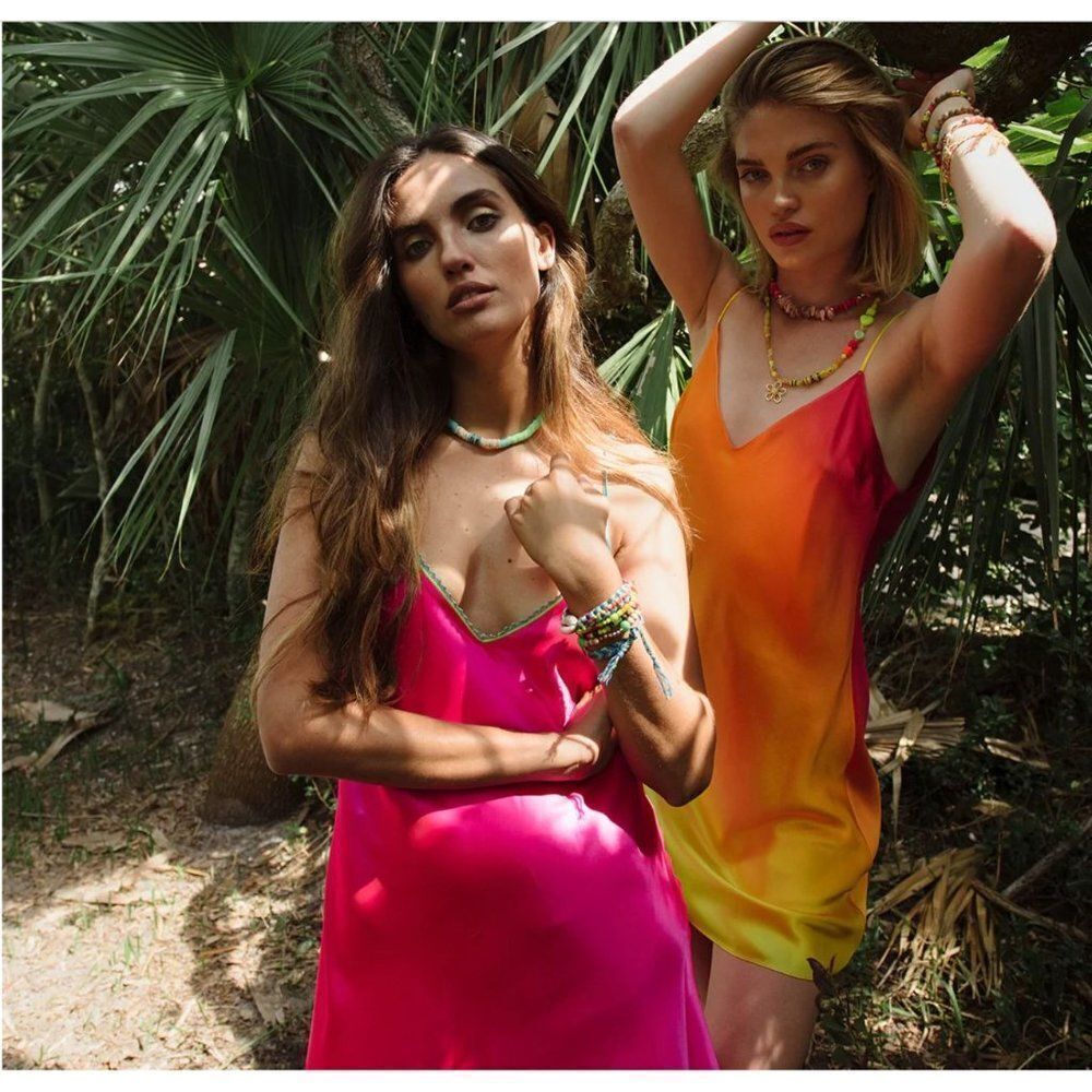 NWT Dannijo Acid Pink Lace-Trim Mini Slip Dress, Silk, Size Small - Picture 3 of 14
